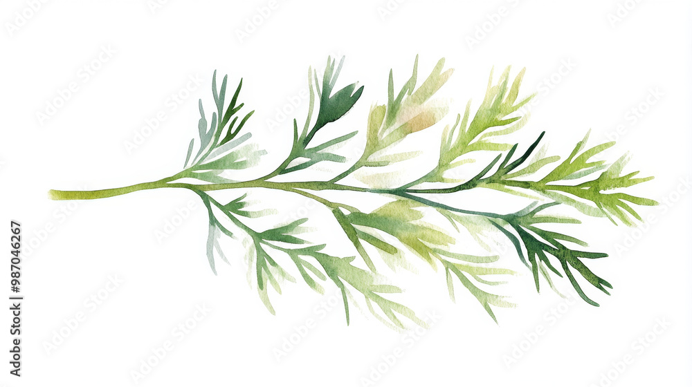Fototapeta premium Fresh Watercolor Painting of Green Dill Herb Spring
