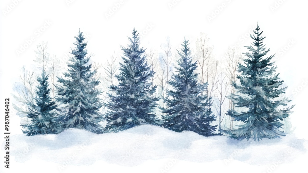 Fototapeta premium Winter Forest Watercolor Illustration in Serene Blue Tones