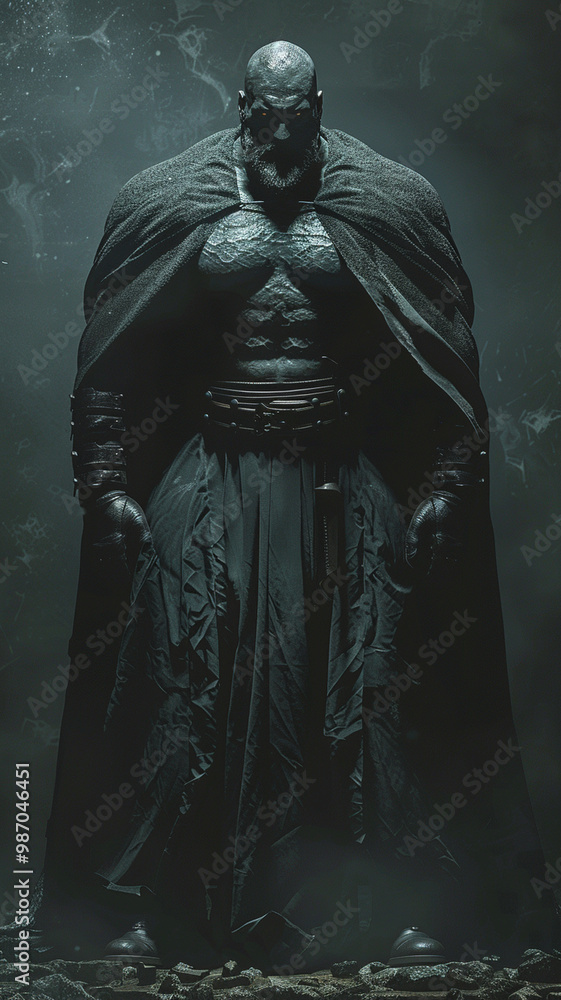 powerful figure in dark cloak stands confidently, exuding strength and mystery powerful figure in dark cloak stands confidently, exuding strength and mystery