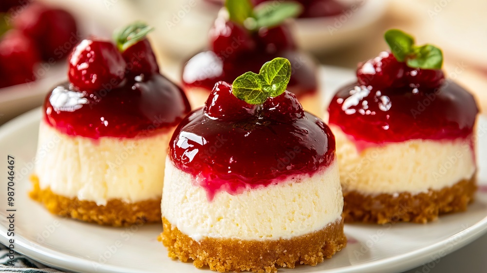Mini cheesecakes with raspberry sauce on a white plate Mini cheesecakes with raspberry sauce on a white plate