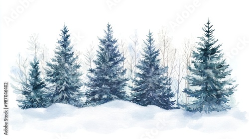 Winter Forest Watercolor Illustration in Serene Blue Tones