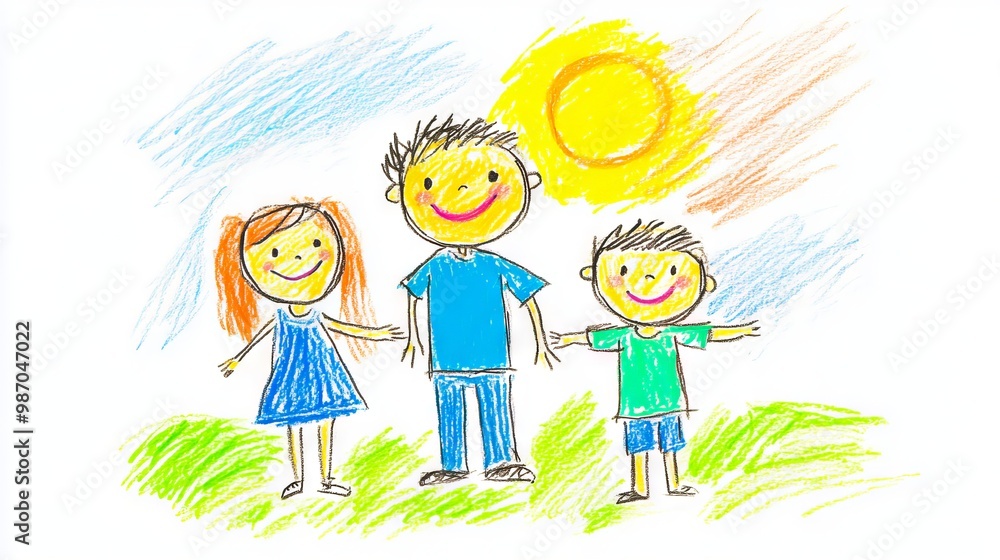A drawing of a family standing in a field with the sun in the background A drawing of a family standing in a field with the sun in the background