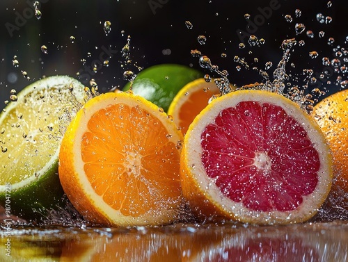 Freshly sliced citrus fruits splashing in water, showcasing vibrant colors and refreshing nature, perfect for healthy lifestyle themes. photo