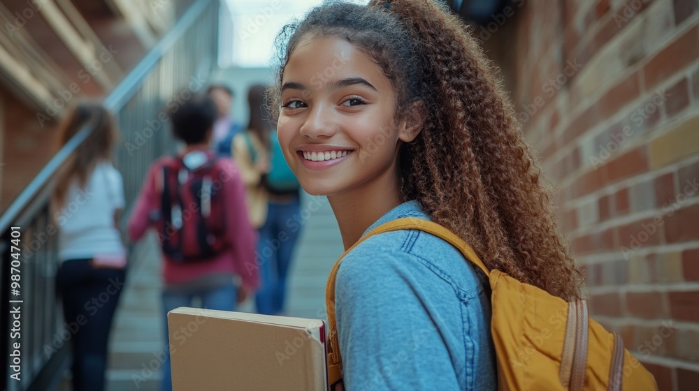 Smiling Young Student With Backpack in School Corridor Smiling Young Student With Backpack in School Corridor