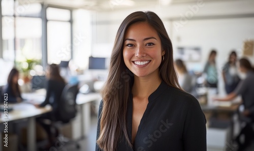 Confident businesswoman smiling in modern office setting