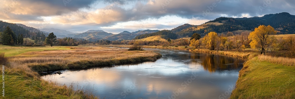A river traverses a verdant meadow, adjacent to a densely wooded forest teeming with tall, vibrant green trees A river traverses a verdant meadow, adjacent to a densely wooded forest teeming with tall, vibrant green trees