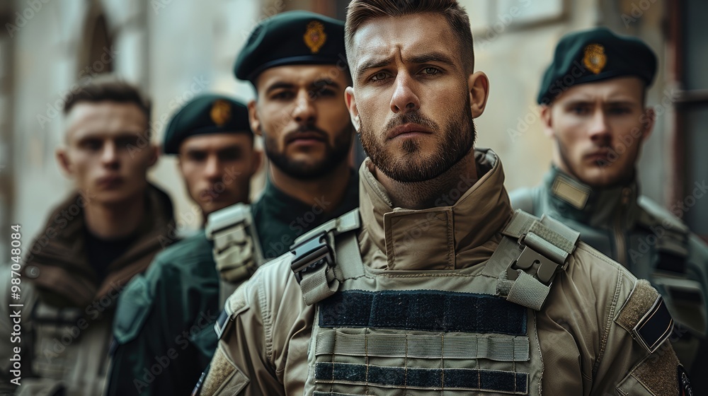 Fototapeta premium Soldier, navy man, and air force service man standing in building.