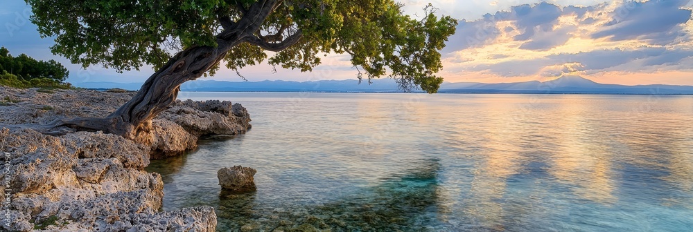 Fototapeta premium A tree on a cliff's edge, overlooking water, and a mountain behind