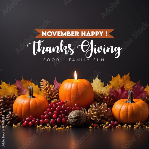 Happy thanks giving day message November greeting social media post pumkin autumn leaves candles (14)
