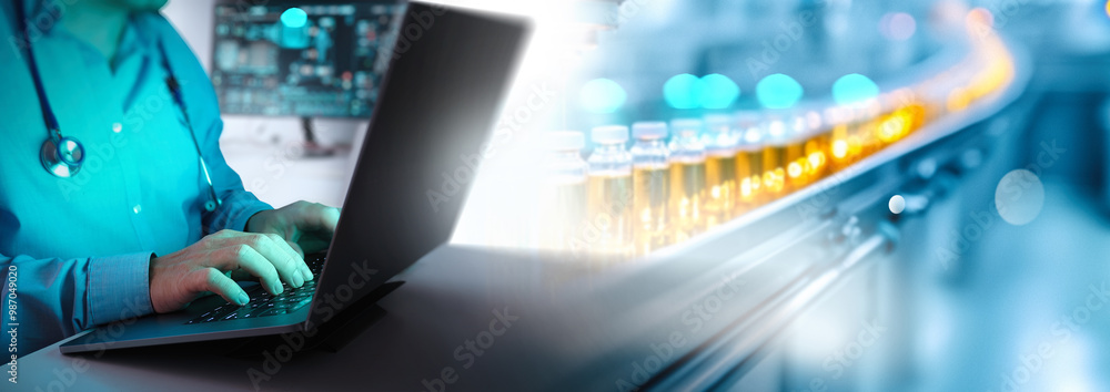 A healthcare professional in a lab coat types on a laptop, symbolizing the integration of technology in pharmaceutical innovation.