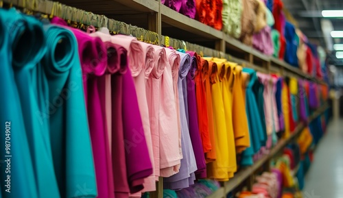 Wallpaper Mural Colorful fabric rolls neatly arranged on shelves in a textile store, offering a vibrant array of options for fashion and crafting projects. Torontodigital.ca