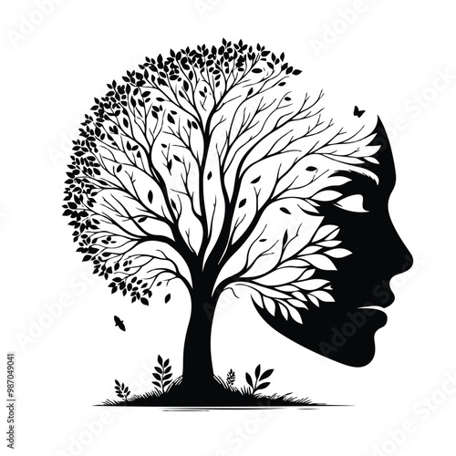 tree with female face silhouette vector design eps