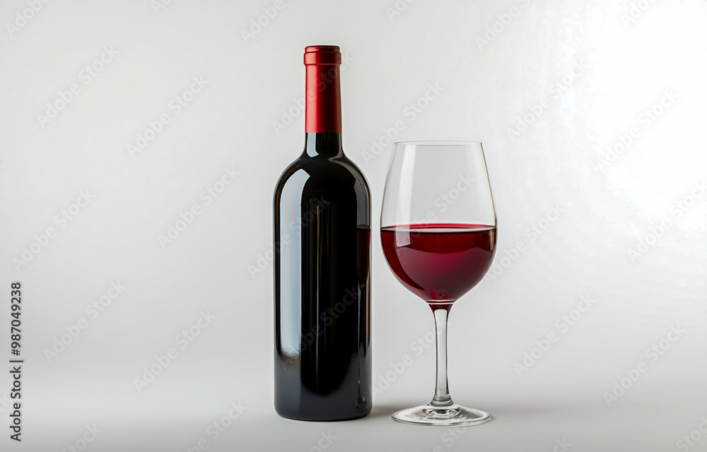 A bottle of red wine and a glass against a white background A bottle of red wine and a glass against a white background