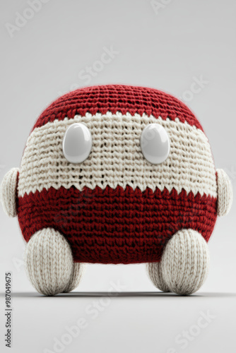 A cute, knitted toy car in red and white, perfect for adding a playful touch to children's rooms or as a unique gift for car enthusiasts. photo