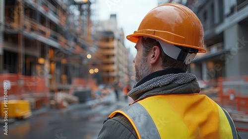 Construction worker wearing a hard hat and safety vest, overseeing a building site in progress. Urban city background with cranes and scaffolding.