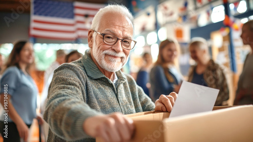 An older man joyfully participates in the election process, placing his ballot into the box at a lively polling station filled with fellow voters