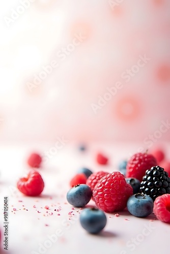 Fresh mixed berries on pastel pink background with soft focus and copy space