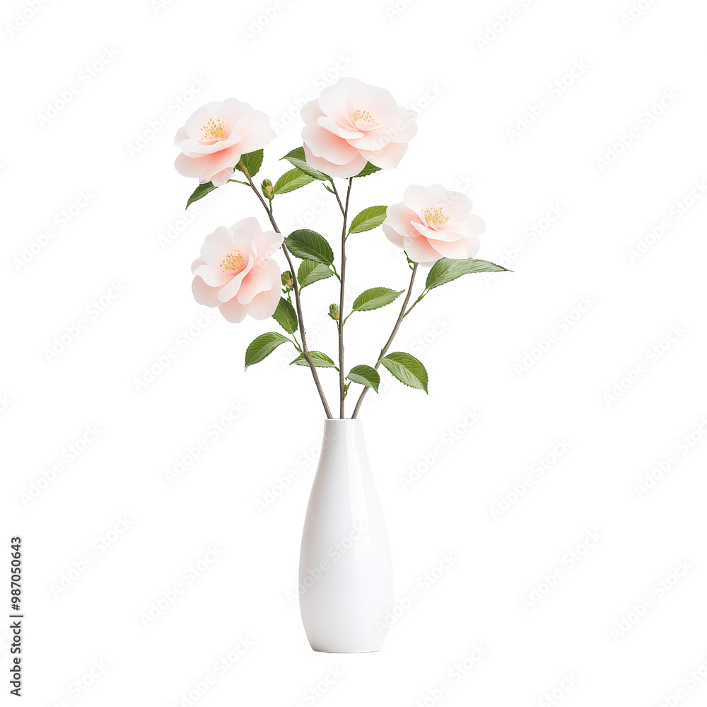 Pink Camellia Flowers in White Vase Pink Camellia Flowers in White Vase
