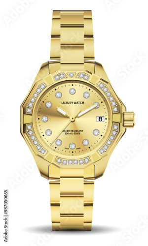 Realistic clock chronograph watch for men gold diamond design luxury elegance fashion for men on white background vector