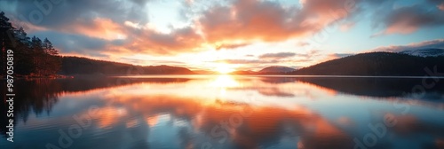  The sun sets over a tranquil lake, framed by mountains in the distance and scattered clouds above the water's surface