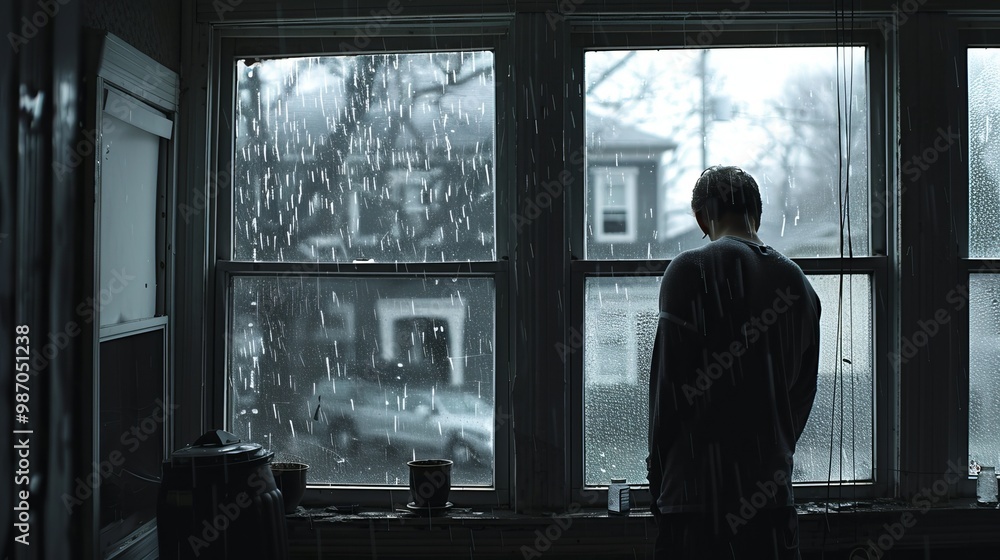 Man Contemplating Life by a Rainy Window Man Contemplating Life by a Rainy Window