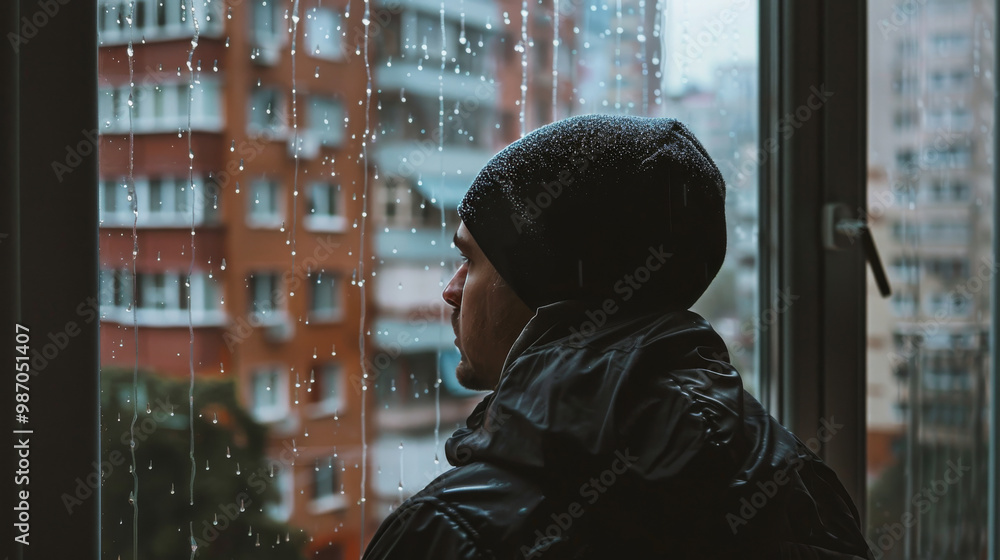 Man Staring Out Rainy Window in Reflection of Depression Man Staring Out Rainy Window in Reflection of Depression