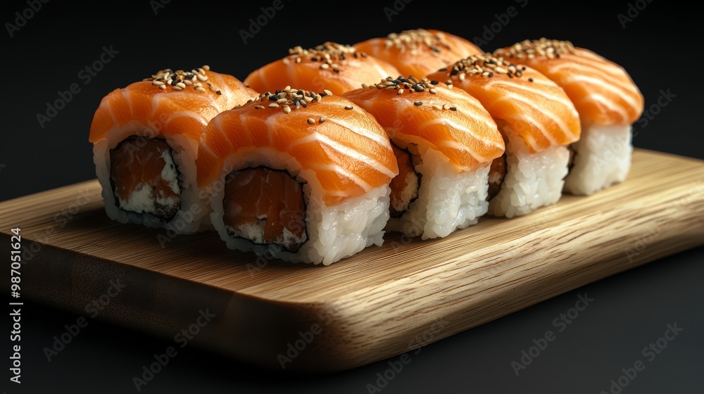 Delicious fresh sushi rolls with salmon, avocado, and rice served on a wooden platter, perfect for Japanese cuisine enthusiasts. Delicious fresh sushi rolls with salmon, avocado, and rice served on a wooden platter, perfect for Japanese cuisine enthusiasts.