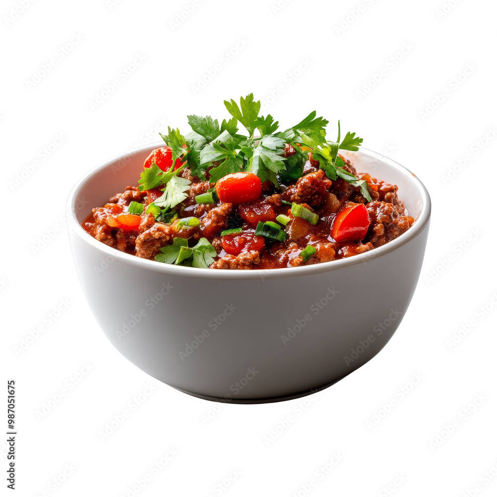 Bowl of Chili with Ground Beef, Tomatoes, and Parsley Bowl of Chili with Ground Beef, Tomatoes, and Parsley