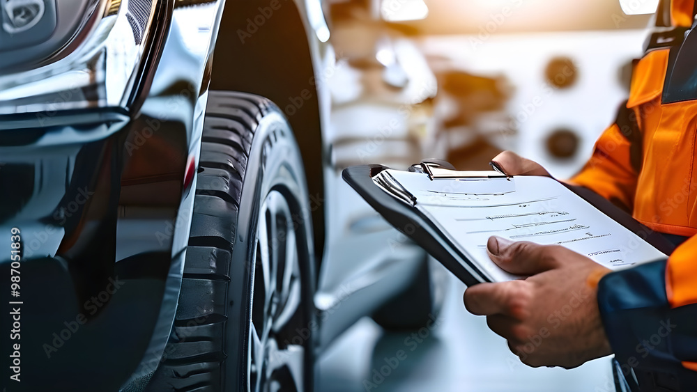 Obraz premium Auto check, car service shop concept. Automobile repairman writing job checklist on clipboard, mechanic checking engine to estimate repair machine, inspecting maintenance by engineer at vehicle garage