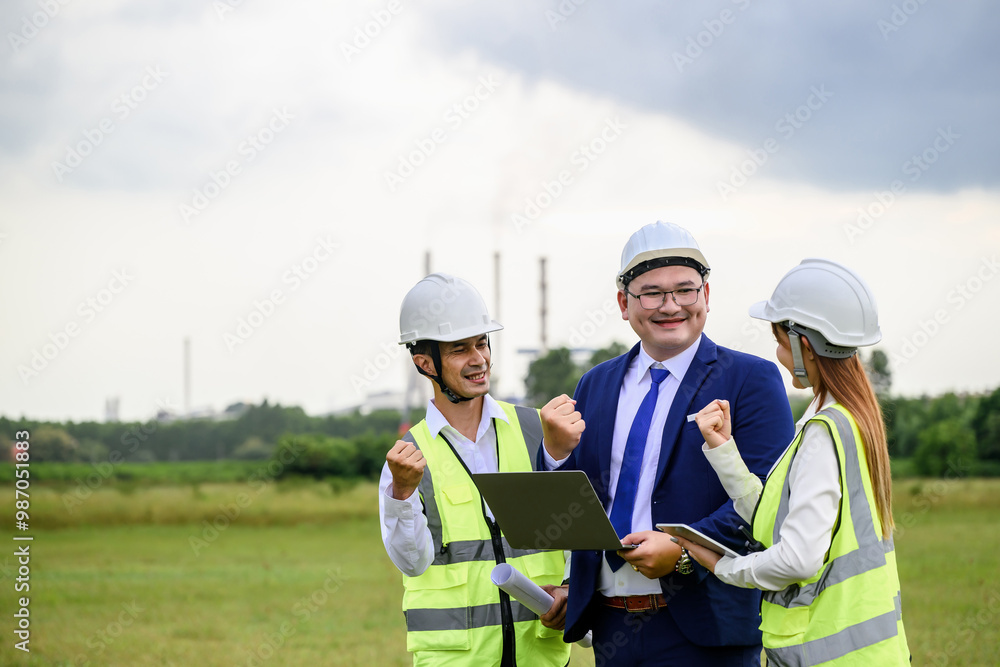 Three engineers, wearing helmets and reflective vests, celebrate a successful project discussion while reviewing plans on a laptop in an open field at an industrial site. Three engineers, wearing helmets and reflective vests, celebrate a successful project discussion while reviewing plans on a laptop in an open field at an industrial site.