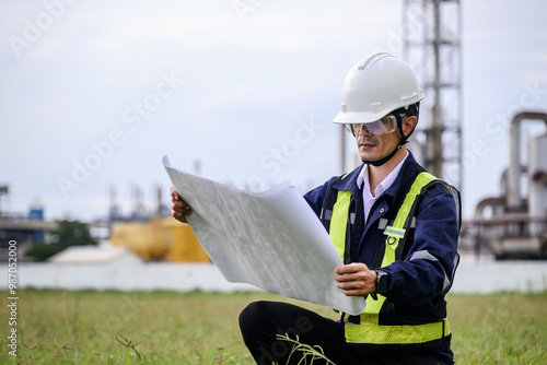 An engineer, wearing a helmet, safety goggles, and a reflective vest, reviews blueprints while kneeling at an industrial site. Machinery and piping structures are visible in the background