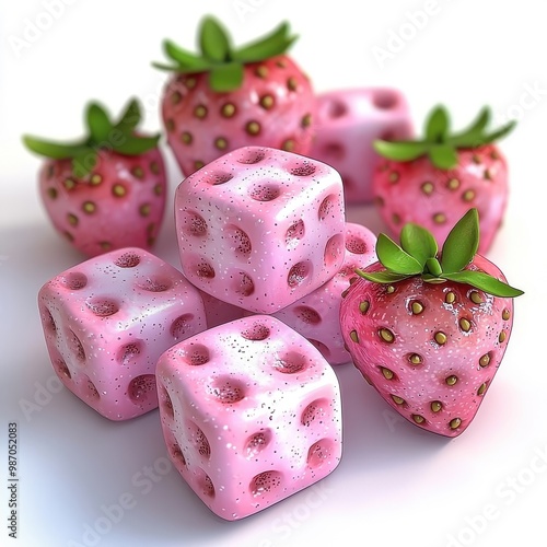 3D cartoon-style strawberry marshmallows isolated on a white background, providing a playful and imaginative look.