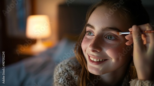 Teenager Experimenting with Makeup in Cozy Space photo