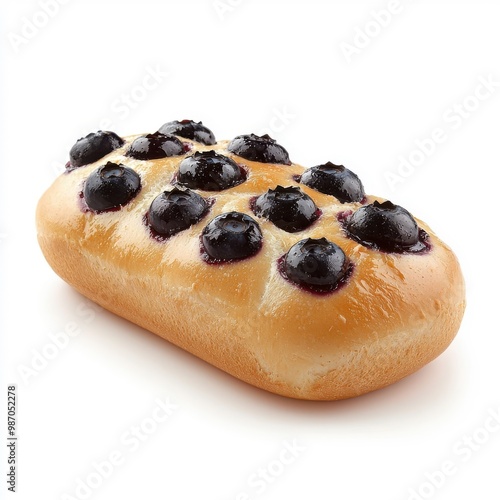 Bread with blueberry topping isolated on a white background, showcasing its rich color and texture.