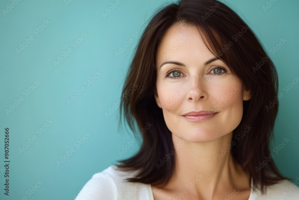 Confident middle-aged woman smiling against a blue background Confident middle-aged woman smiling against a blue background