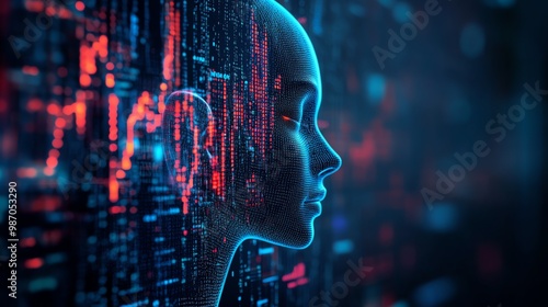 A 3D digital rendering of a human face formed from a binary code, with a blue and red color scheme.