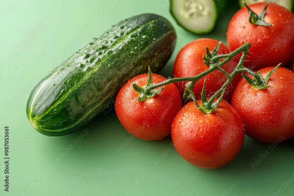 the freshest cucumbers and tomatoes for salad on a green background , ai the freshest cucumbers and tomatoes for salad on a green background , ai