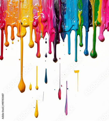 Colorful acrylic paint dripping on white background