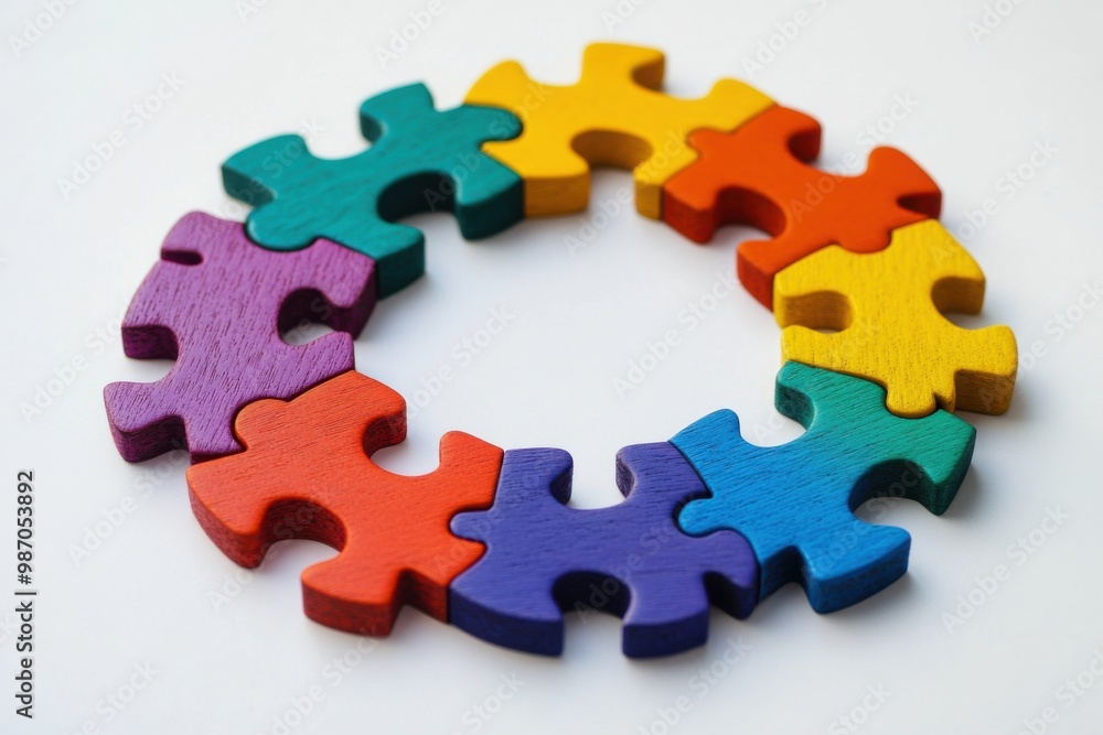 Fototapeta premium A circle of multicolored, interlocking puzzle pieces, each representing different people coming together to form a unified whole, symbolizing inclusion and belonging