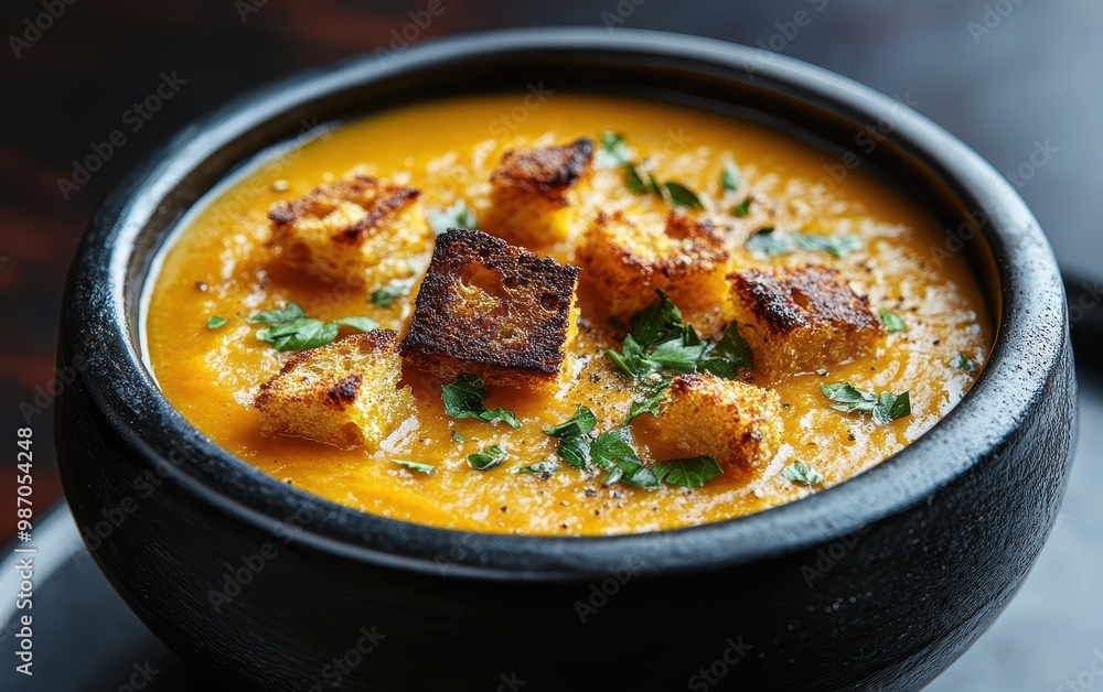 Close Up of a Bowl of Creamy Pumpkin Soup Topped with Croutons Close Up of a Bowl of Creamy Pumpkin Soup Topped with Croutons