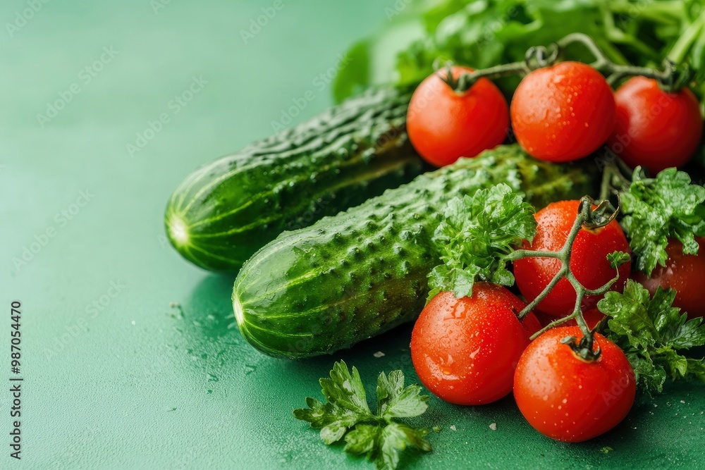 the freshest cucumbers and tomatoes for salad on a green background , ai the freshest cucumbers and tomatoes for salad on a green background , ai