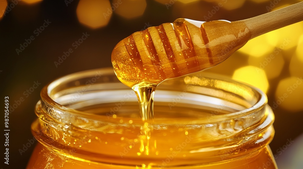 Honey drips off a wooden spoon into a jar of golden honey. Honey drips off a wooden spoon into a jar of golden honey.