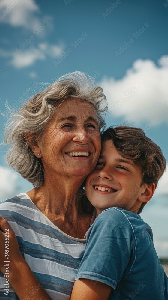 Fototapeta premium A grandmother and her grandson are smiling and hugging each other. AI.