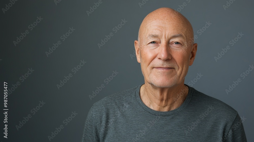 Confident senior man smiling in gray shirt against plain background Confident senior man smiling in gray shirt against plain background