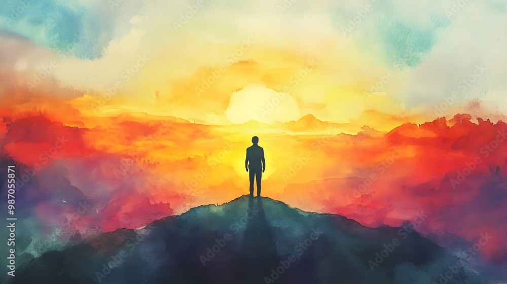 Fototapeta premium Watercolor Sunrise with Silhouette of Inspiring Leader on the Horizon