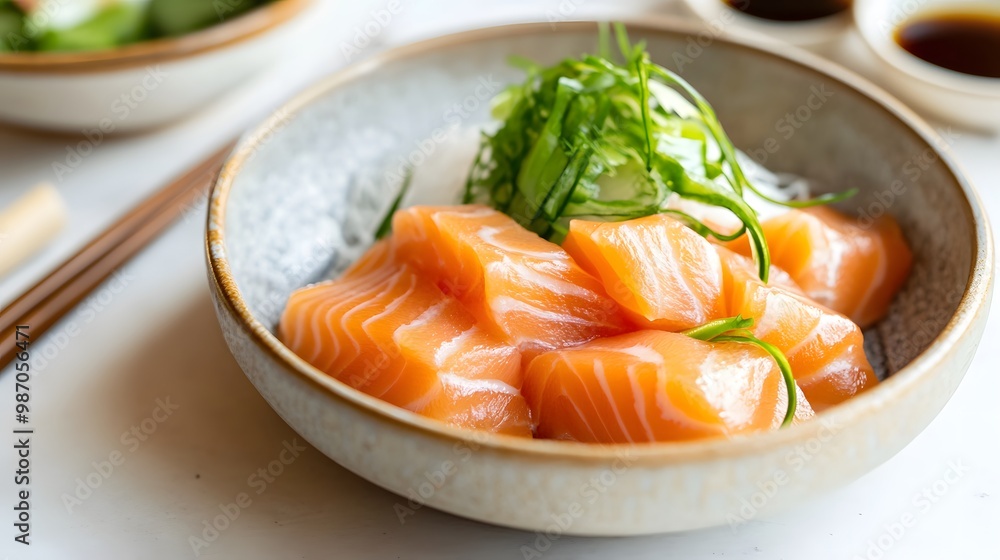 salmon sashimi overhead shot Sea Wave Ceramic Dinner Plate, Generative AI salmon sashimi overhead shot Sea Wave Ceramic Dinner Plate, Generative AI