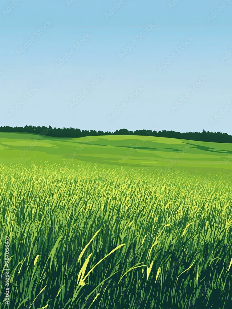 Fototapeta premium Green grass field under blue sky.