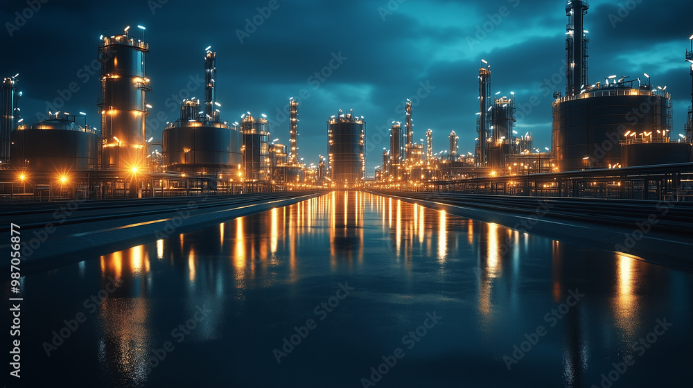 Fototapeta premium A stunning industrial landscape at night, showcasing illuminated oil refineries and storage tanks reflecting on water. scene captures essence of modern industry and energy production.