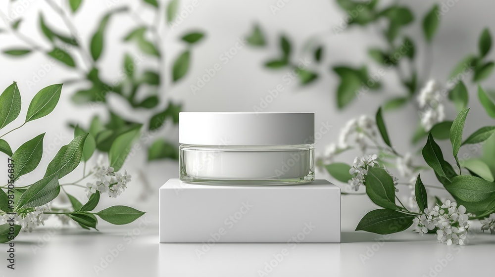 Minimalist Cosmetic Cream Jar on White Pedestal with Greenery and White Flowers in Soft Focus Background Minimalist Cosmetic Cream Jar on White Pedestal with Greenery and White Flowers in Soft Focus Background