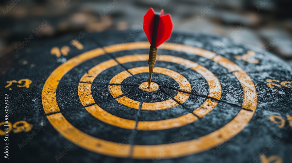 A dart is perfectly positioned at center of dartboard, showcasing precision and focus. vibrant red dart contrasts with worn black and yellow target, symbolizing achievement and skill. A dart is perfectly positioned at center of dartboard, showcasing precision and focus. vibrant red dart contrasts with worn black and yellow target, symbolizing achievement and skill.